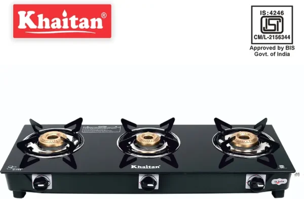 Khaitan 3 Burner BP-JIO Black MS Frame Toughened Glass Manual Gas Stove (3 Burners)
